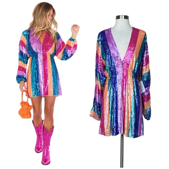 Show Me Your MuMu Dresses & Skirts - NEW Show Me Your Mumu | Kidman Neon Stripe Sequin Long Sleeve Mini Dress M NWT